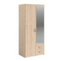 Armoire 2 portes 2 tiroirs aspect bois avec miroir- AMAEL