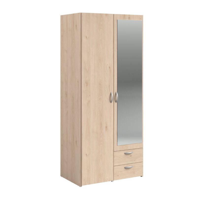 Armoire 2 portes 2 tiroirs aspect bois avec miroir- AMAEL