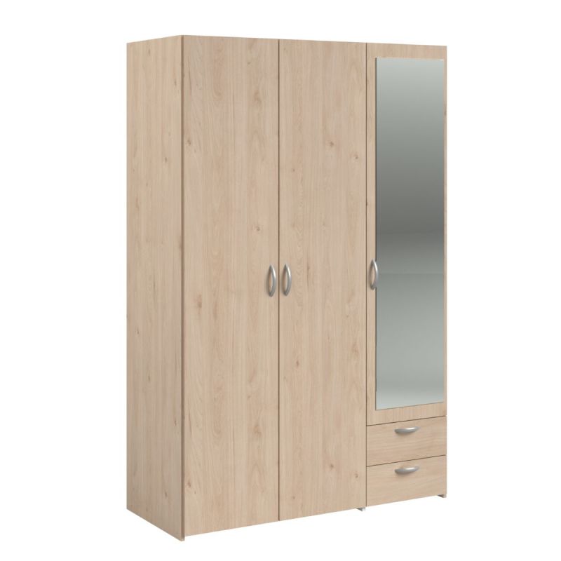 Armoire 3 portes 2 tiroirs aspect bois avec miroir- AMAEL