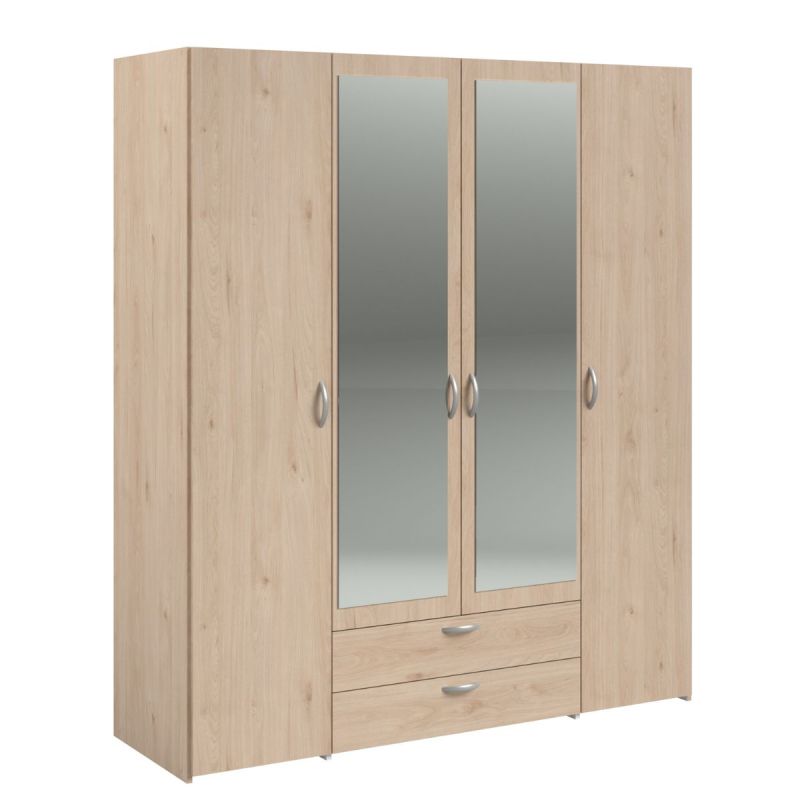 Armoire 4 portes 2 tiroirs aspect bois avec miroir- AMAEL