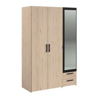 Armoire 3 portes 2 tiroirs aspect bois avec miroir encadrement noir - AMAEL