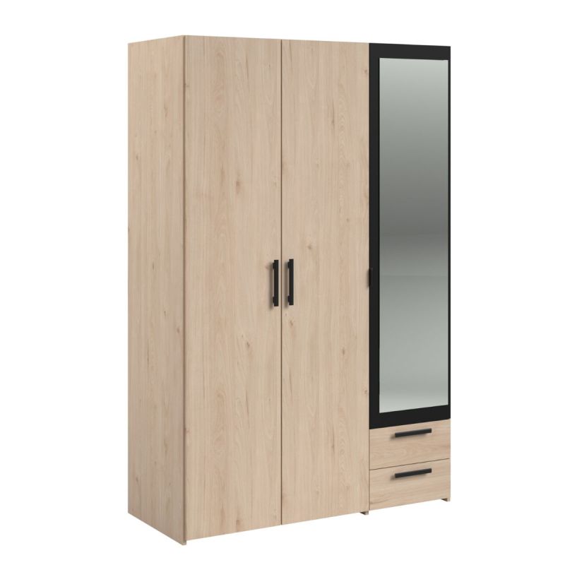 Armoire 3 portes 2 tiroirs aspect bois avec miroir encadrement noir - AMAEL