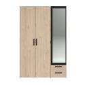 Armoire 3 portes 2 tiroirs aspect bois avec miroir encadrement noir - AMAEL