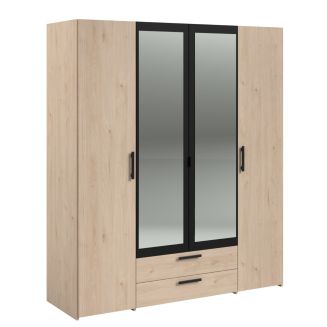 Armoire 4 portes 2 tiroirs aspect bois avec miroir encadrement noir - AMAEL