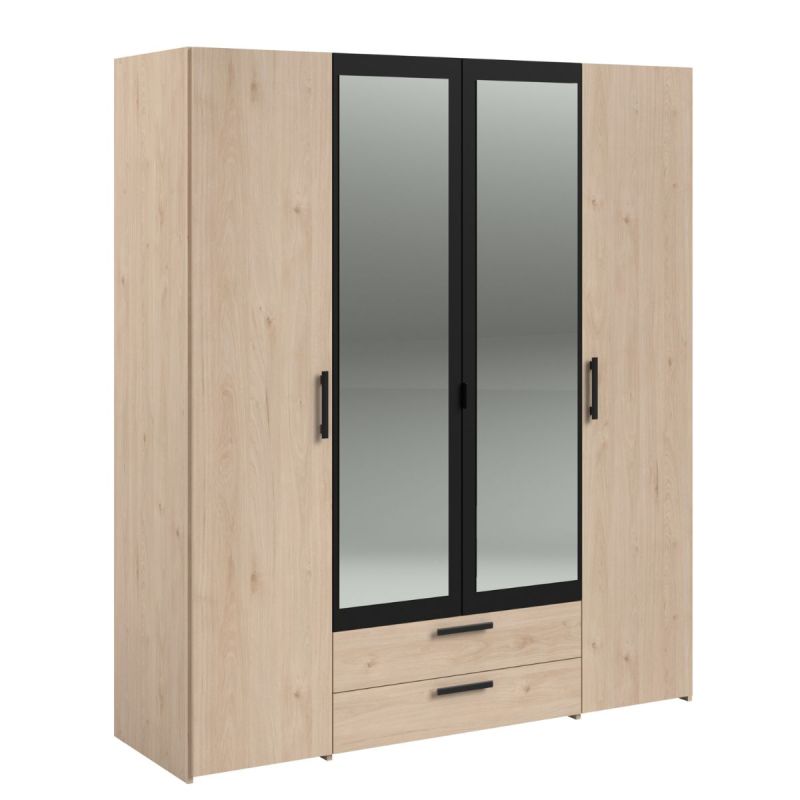 Armoire 4 portes 2 tiroirs aspect bois avec miroir encadrement noir - AMAEL