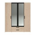 Armoire 4 portes 2 tiroirs aspect bois avec miroir encadrement noir - AMAEL