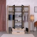 Armoire 4 portes 2 tiroirs aspect bois avec miroir encadrement noir - AMAEL