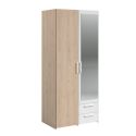 Armoire 2 portes 2 tiroirs aspect bois avec miroir encadrement blanc - AMAEL