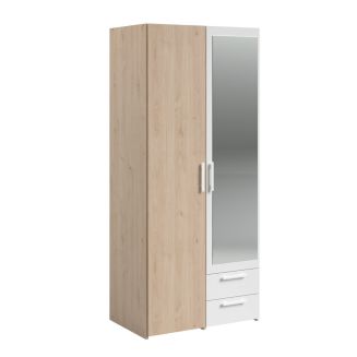 Armoire 2 portes 2 tiroirs aspect bois avec miroir encadrement blanc - AMAEL