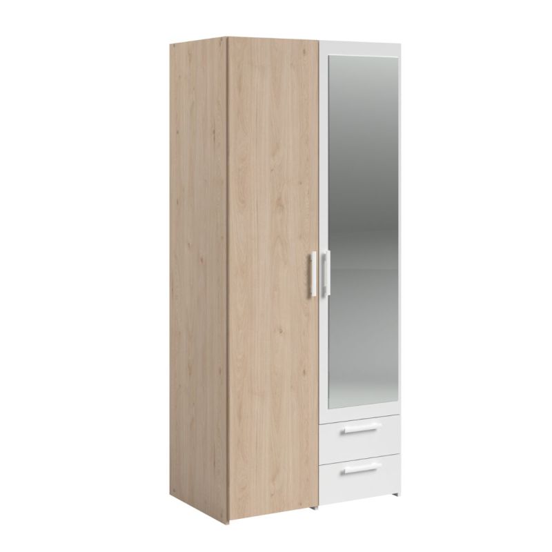 Armoire 2 portes 2 tiroirs aspect bois avec miroir encadrement blanc - AMAEL
