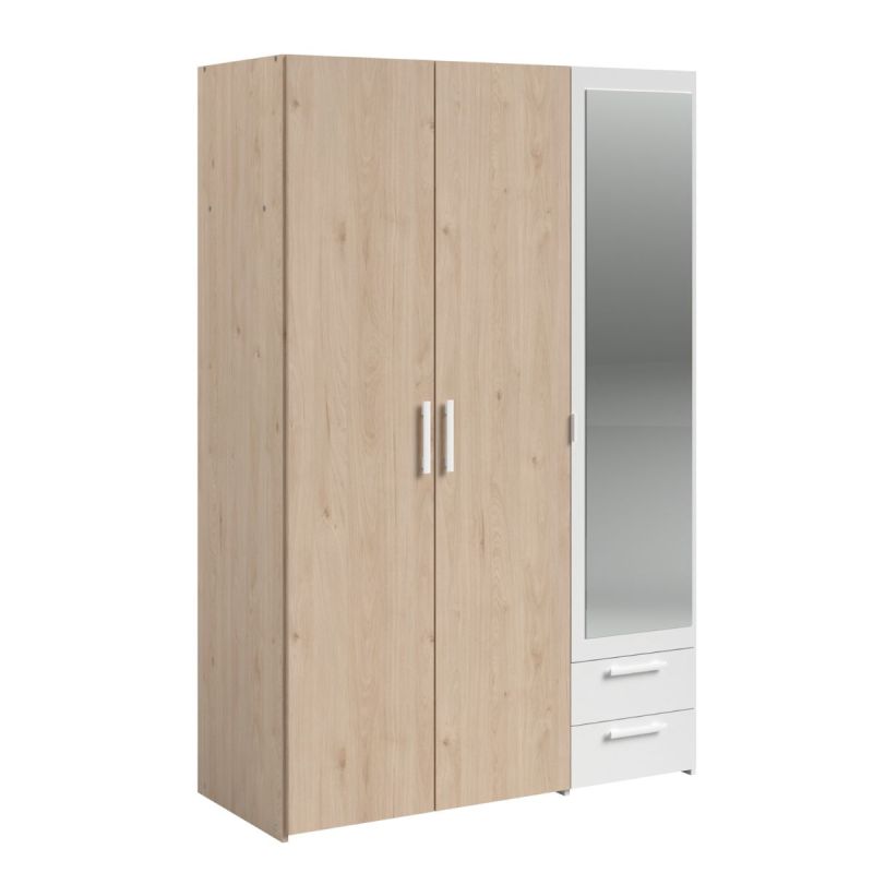 Armoire 3 portes 2 tiroirs aspect bois avec miroir encadrement blanc - AMAEL