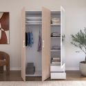 Armoire 3 portes 2 tiroirs aspect bois avec miroir encadrement blanc - AMAEL