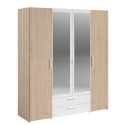 Armoire 4 portes 2 tiroirs aspect bois avec miroir encadrement blanc - AMAEL