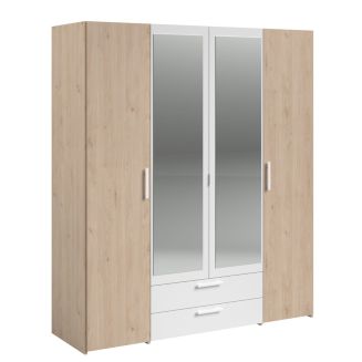 Armoire 4 portes 2 tiroirs aspect bois avec miroir encadrement blanc - AMAEL