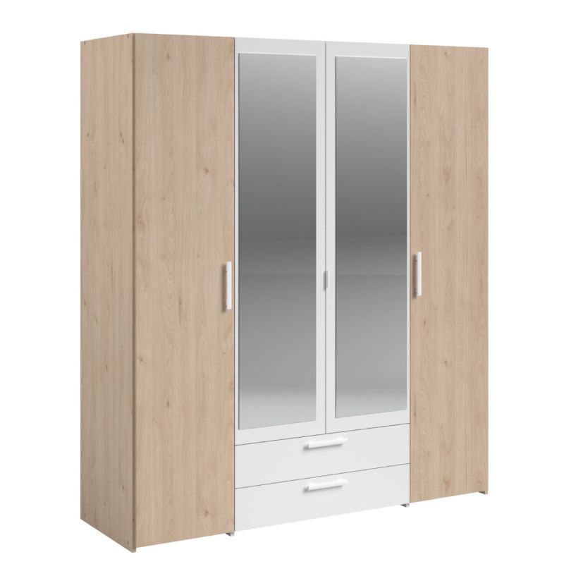 Armoire 4 portes 2 tiroirs aspect bois avec miroir encadrement blanc - AMAEL
