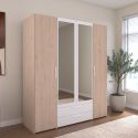 Armoire 4 portes 2 tiroirs aspect bois avec miroir encadrement blanc - AMAEL