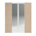 Armoire 4 portes 2 tiroirs aspect bois avec miroir encadrement blanc - AMAEL