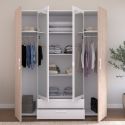 Armoire 4 portes 2 tiroirs aspect bois avec miroir encadrement blanc - AMAEL