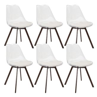 Lot de 6 chaises coque transparente coussin assise en velours côtelé crème - MOARY