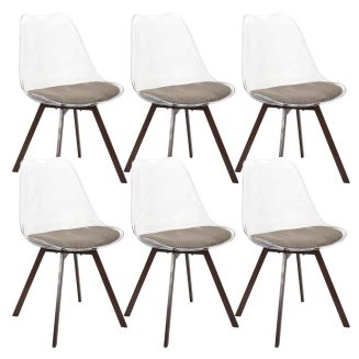 Lot de 6 chaises coque transparente coussin assise en velours côtelé taupe - MOARY
