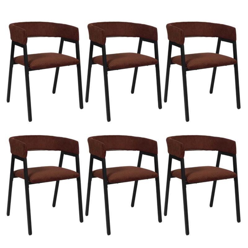 Lot de 6 fauteuils de table design en métal et velours côtelé coloris terracotta - AMORY