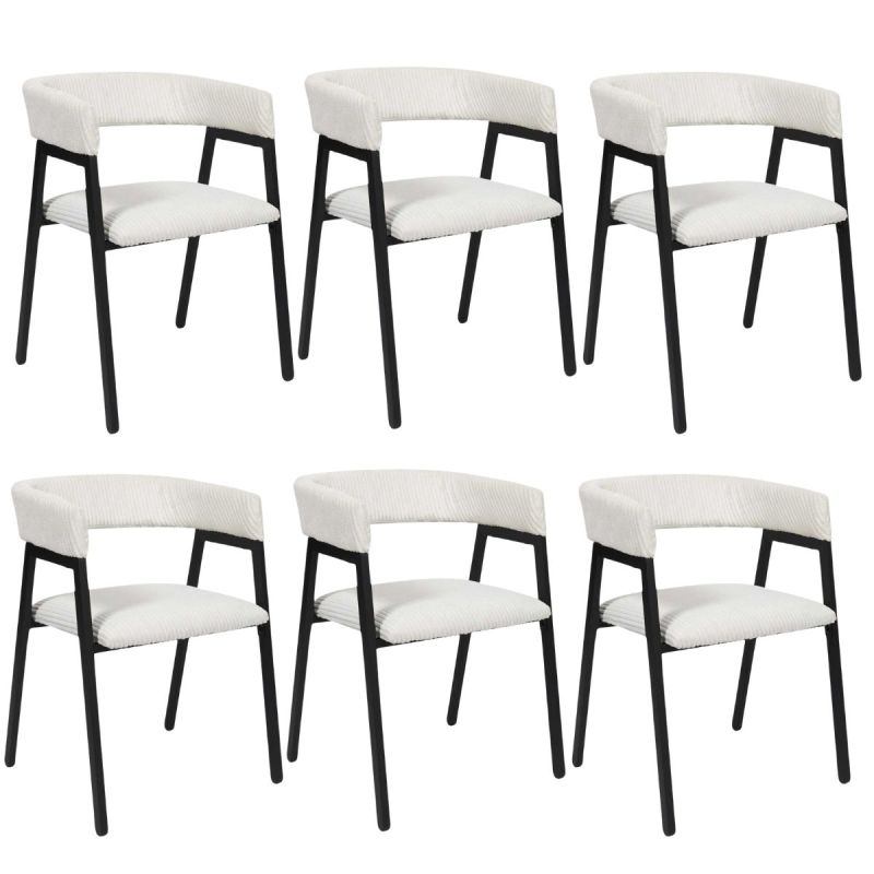 Lot de 6 fauteuils de table design en métal et velours côtelé coloris crème - AMORY