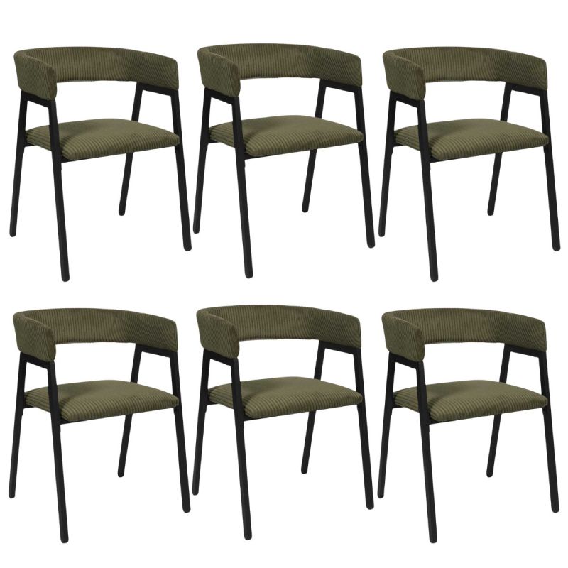 Lot de 6 fauteuils de table design en métal et velours côtelé coloris vert - AMORY