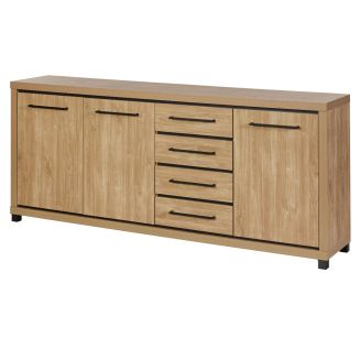 Buffet 3 portes 4 tiroirs aspect bois finition Houston Oak poignées métal noires - VASALY