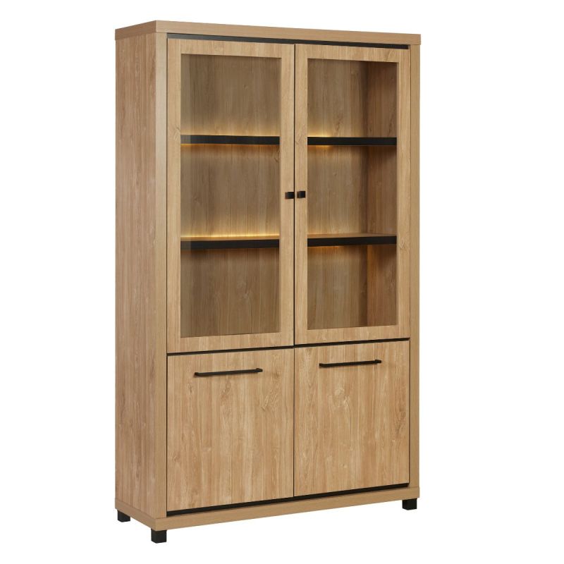 Vitrine 4 portes avec leds aspect bois finition Houston Oak poignées métal noires - VASALY