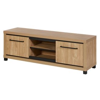 Meuble TV 2 portes 2 niches aspect bois finition Houston Oak poignées métal noires - VASALY