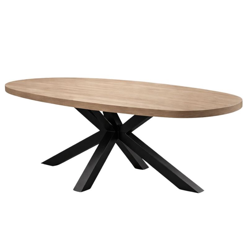 Table repas 200cm plateau ovale aspect bois finition Houston Oak pied métal étoile - HOUSTON