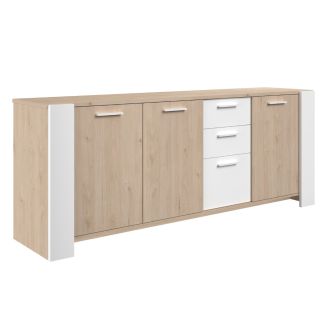 Buffet 3 portes aspect chêne et 3 tiroirs façades blanches - YOUENN
