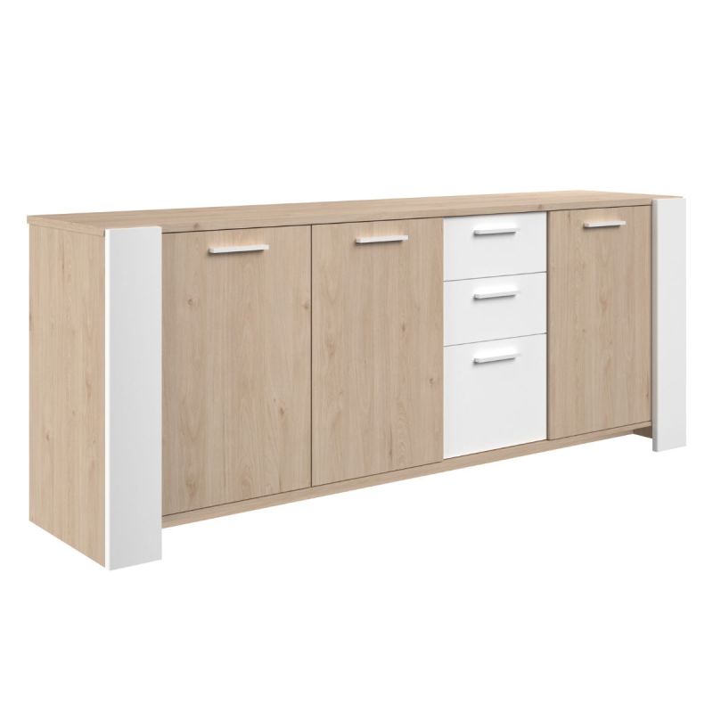 Buffet 3 portes aspect chêne et 3 tiroirs façades blanches - YOUENN