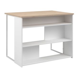 Ilot de cuisine avec rangement plateau aspect bois socle blanc et pieds métal - HUBERT