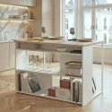 Ilot de cuisine avec rangement plateau aspect bois socle blanc et pieds métal - HUBERT