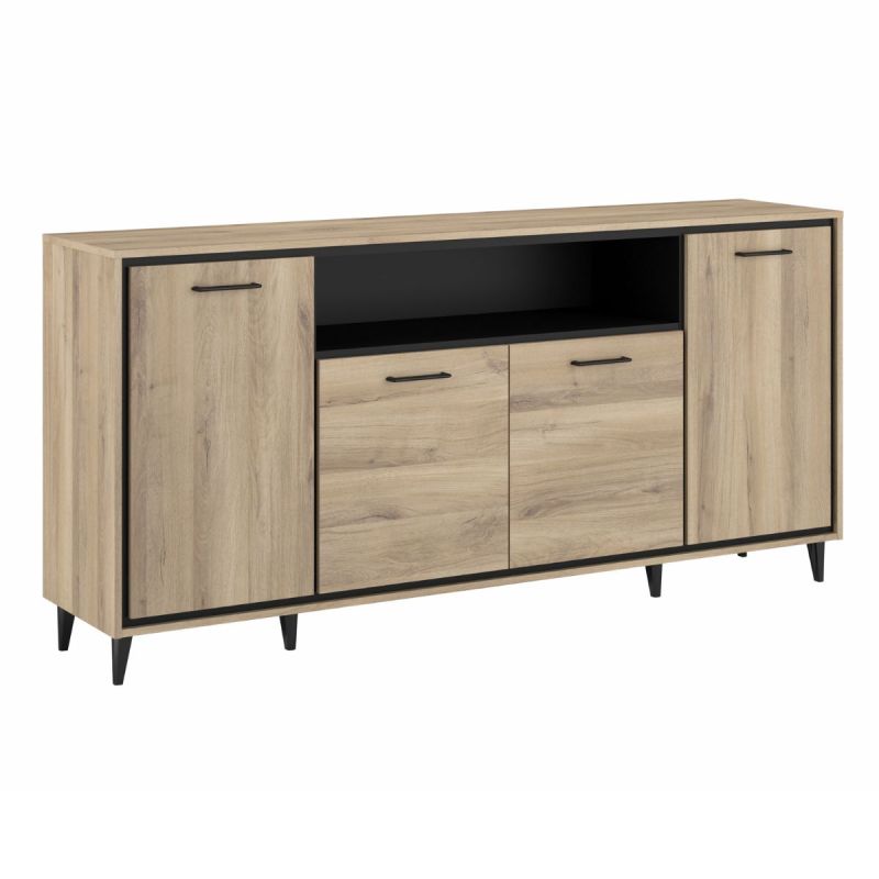 Buffet 4 portes 1 niche éclairée aspect chêne avec poignées, pieds et encadrement noir - OSTAREL