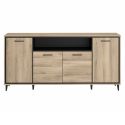 Buffet 4 portes 1 niche éclairée aspect chêne avec poignées, pieds et encadrement noir - OSTAREL