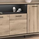 Buffet 4 portes 1 niche éclairée aspect chêne avec poignées, pieds et encadrement noir - OSTAREL
