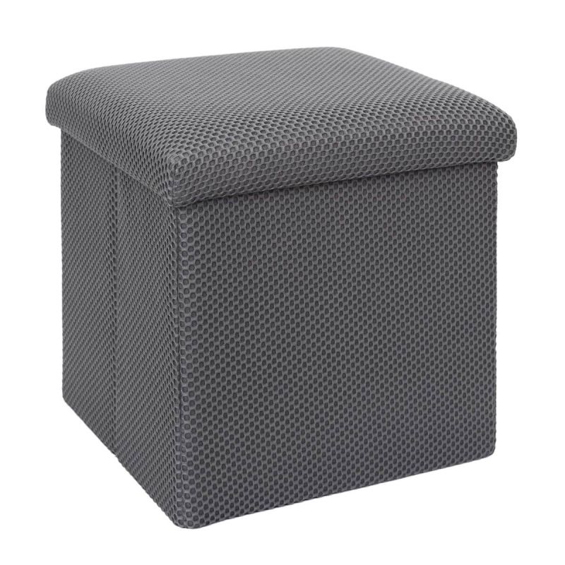 Pouf coffre carré pliable en tissu texturé maille 3D gris - ELECTRON