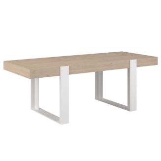 Table repas 220cm plateau aspect chêne pieds U en métal blanc - YOUENN