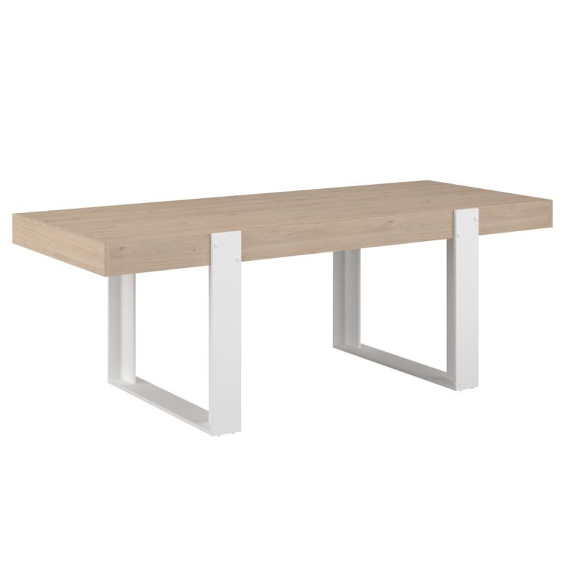 Table repas 220cm plateau aspect chêne pieds U en métal blanc - YOUENN