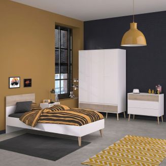 Chambre complète lit 90x190 avec 1 chevet 1 armoire 3P et 1 commode - BORGALL