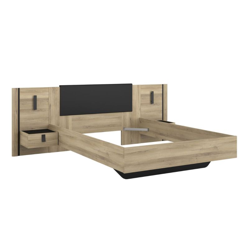 Lit 140x190 + 2 chevets suspendus sur panneaux avec éclairage aspect bois et noir - ELOUAN