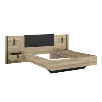 Lit 160x200 + 2 chevets suspendus sur panneaux avec éclairage aspect bois et noir - ELOUAN