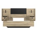Lit 160x200 + 2 chevets suspendus sur panneaux avec éclairage aspect bois et noir - ELOUAN