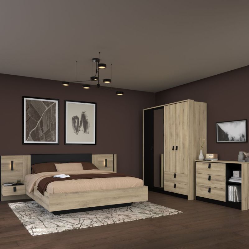 Chambre complète lit 140x190 avec 2 chevets suspendus 1 armoire 3P et 1 commode - ELOUAN