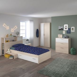 Chambre lit 90x190 avec environnement 1 armoire 2P et 1 commode - CHARLINE