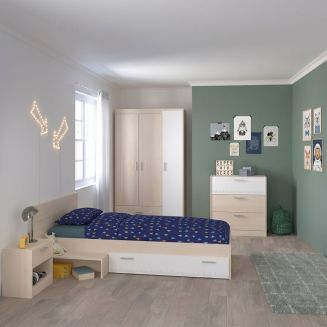 Chambre lit 90x190 avec 1 chevet 1 armoire 3P et 1 commode - CHARLINE