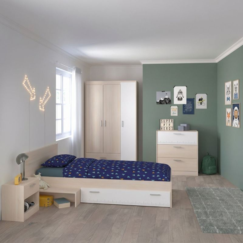 Chambre lit 90x190 avec 1 chevet 1 armoire 3P et 1 commode - CHARLINE
