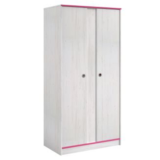 Armoire 2 portes aspect bois blanchi avec chants roses en façade - MISYLIA